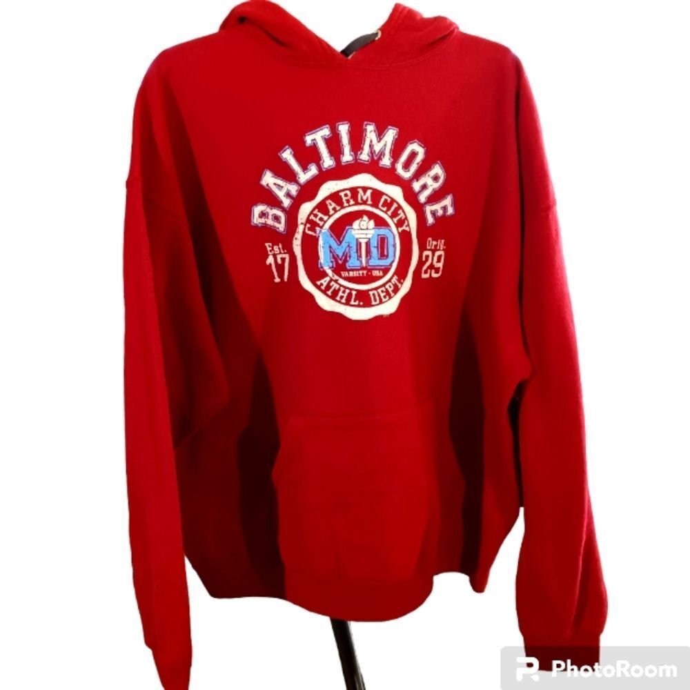 Baltimore Charm City Maroon Red Kangaroo Pocket Hoodie Sweatshirt Sz 2XL